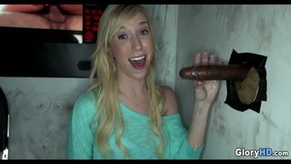 Cute Blonde chugs glory hole dicks down