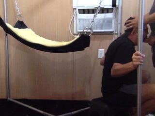 Greedy DILF in sling assfucked after BJ